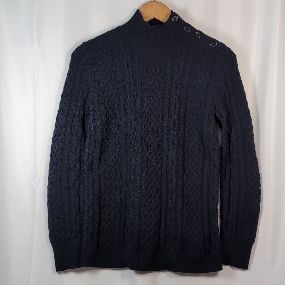 Talbots Cable Knit Navy Turtleneck Fisherman Sweater Coastal Aran Nautical